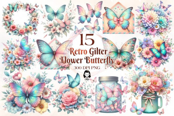 15 Retro Gilter Flower Butterfly Clipart