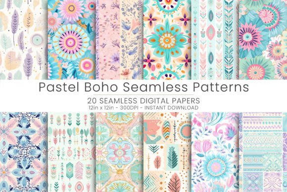 20 Pastel Boho Seamless Patterns Digital