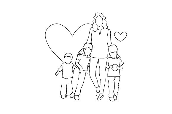 African-American Mum with Three Children Line Art
