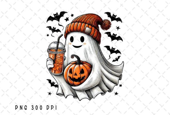 Cute Ghost Coffee Pumpkin Halloween PNG