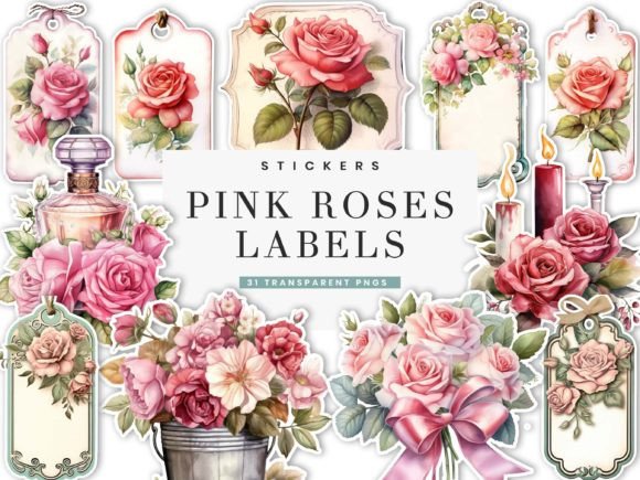 Pink Roses Labels Digital Stickers