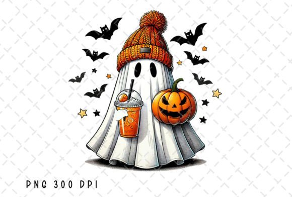 Retro Ghost Coffee Pumpkin Halloween PNG