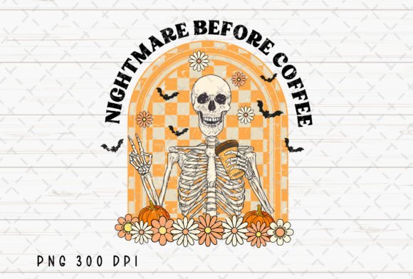 Retro Halloween Skeleton Coffee Fall PNG
