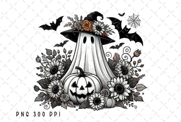 Spooky Ghost Halloween Pumpkins Floral