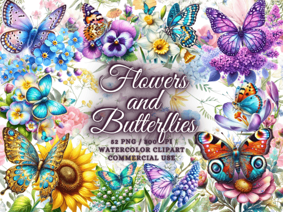 Spring Flowers & Butterflies Clipart Png