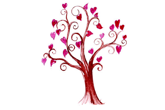 Tree with Heart Foliage in Watercolor Style