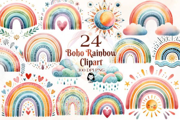 Watercolor Boho Rainbow Clipart Bundle