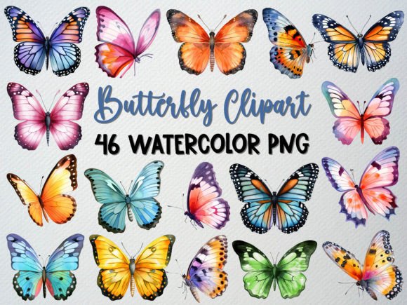 Watercolor Butterfly Clipart Set, 46 PNG